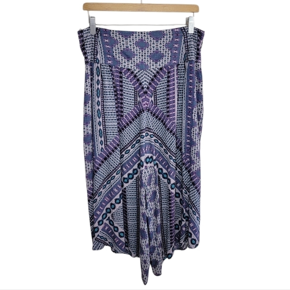 Free People | Purple Aztec Geometric Print Cropped Asymmetrical Hem Harem Pants